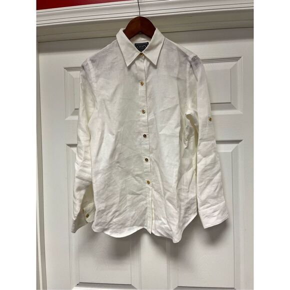 Chaps White Linen Roll Sleeve Button Up Shirt sz S EUC - Picture 1 of 6
